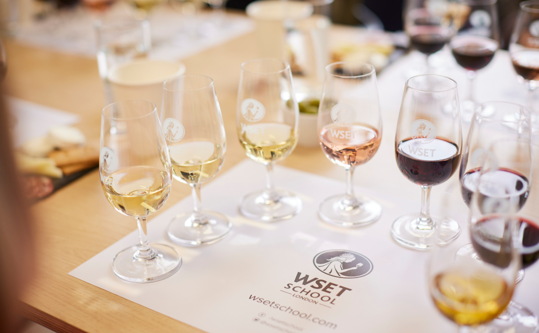 A wine tasting set up at WSET School London, Sonal's course provider.