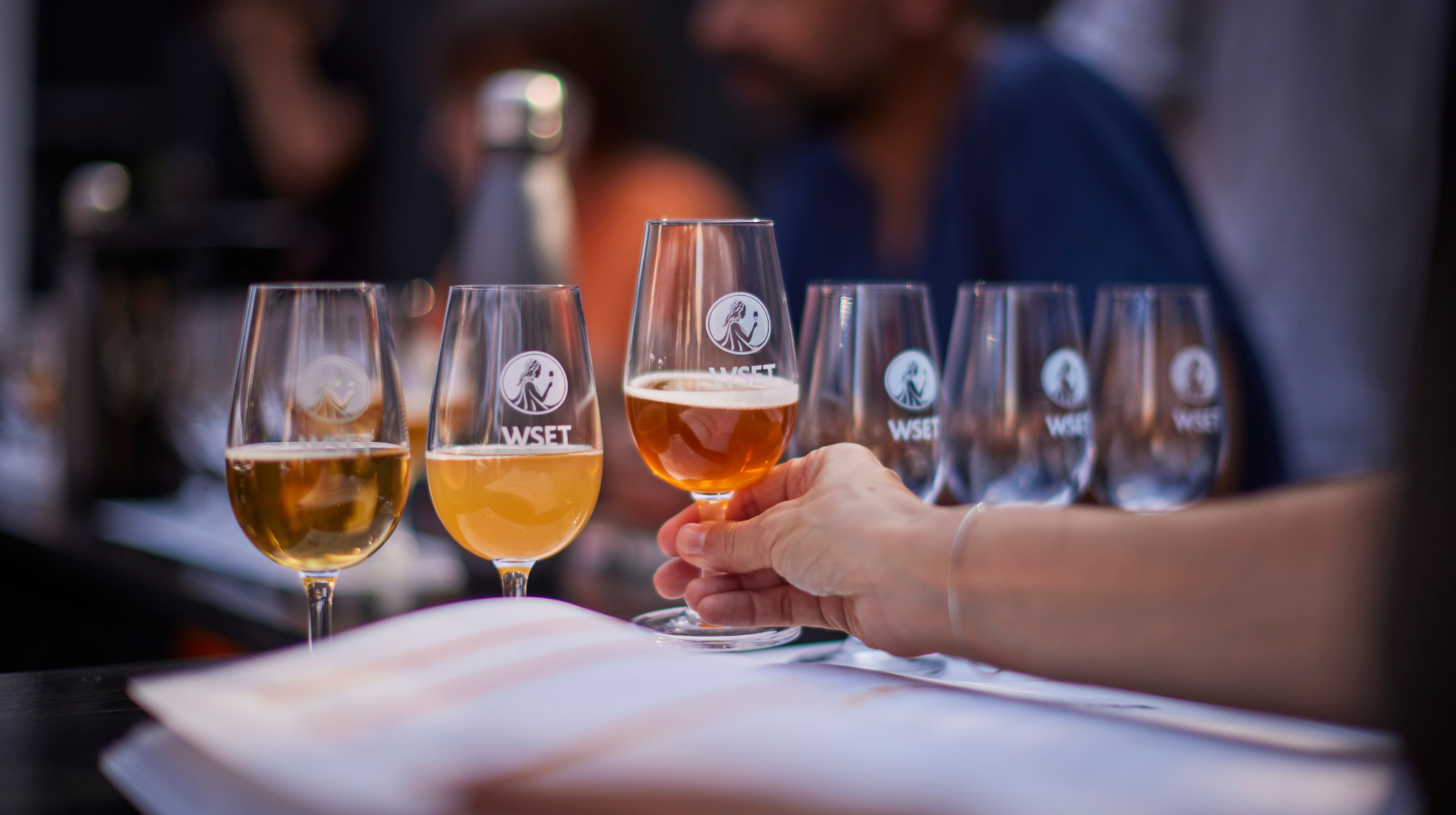 A row of different coloured beers with a textbook