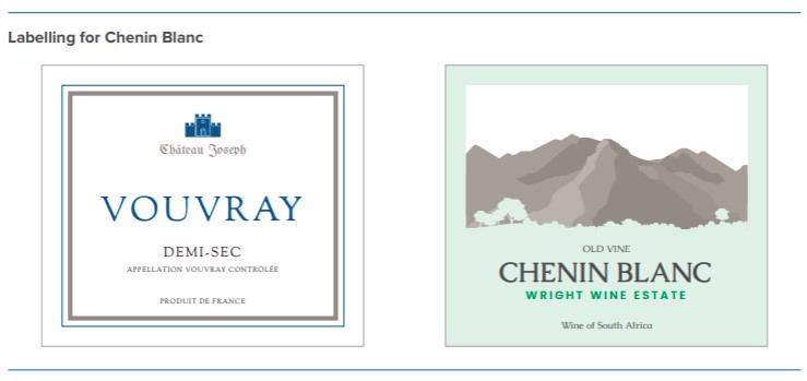 Two wine labels side by side, one showing a typical French label and the other one a typical South African label