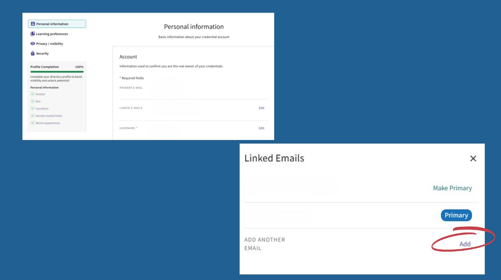 Screenshot explaining how to add linked emails
