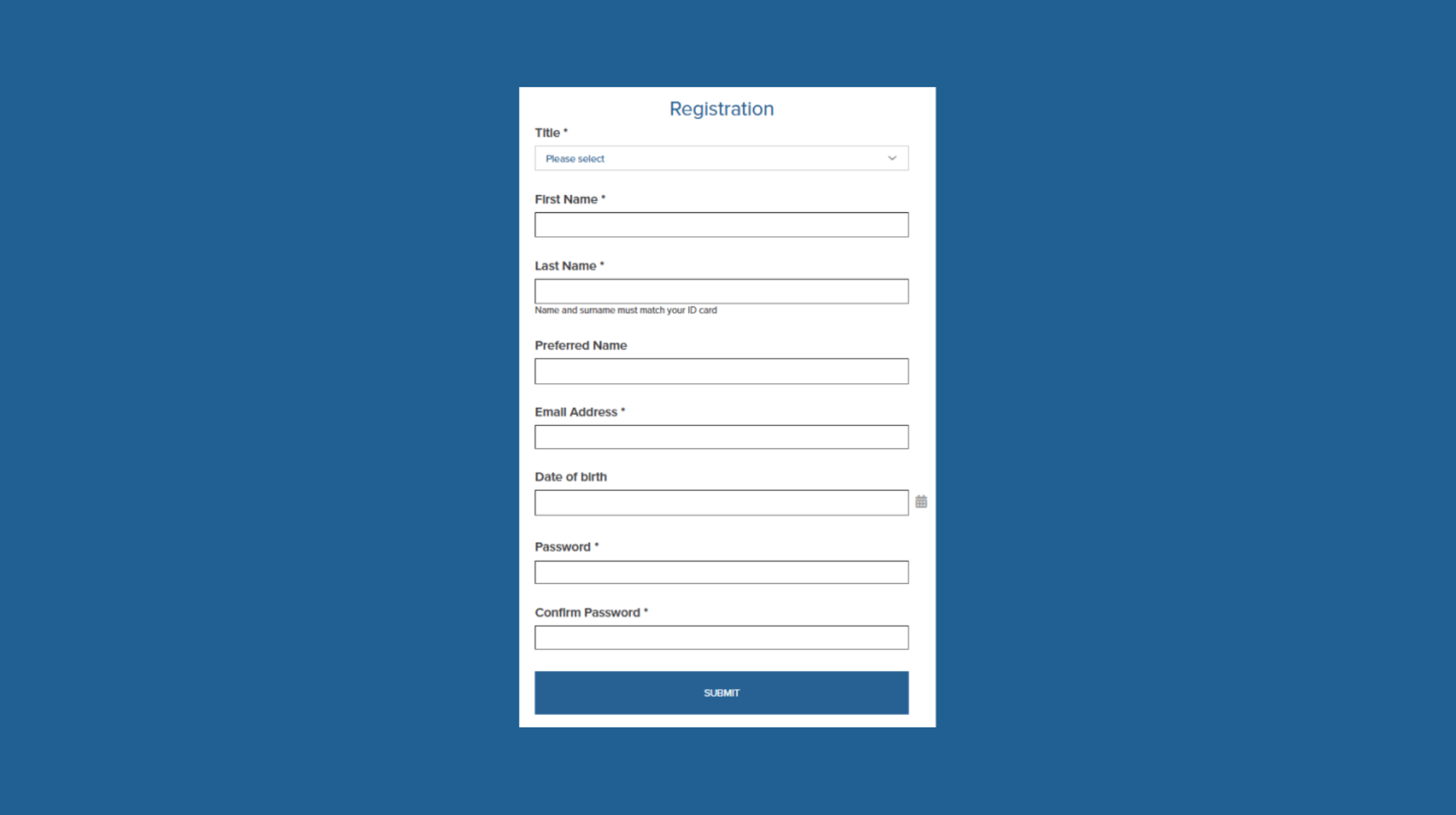 Screenshot of registration page