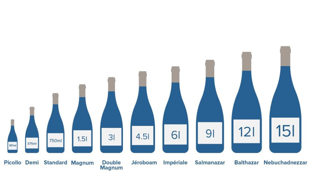 Row of wine bottle sizes